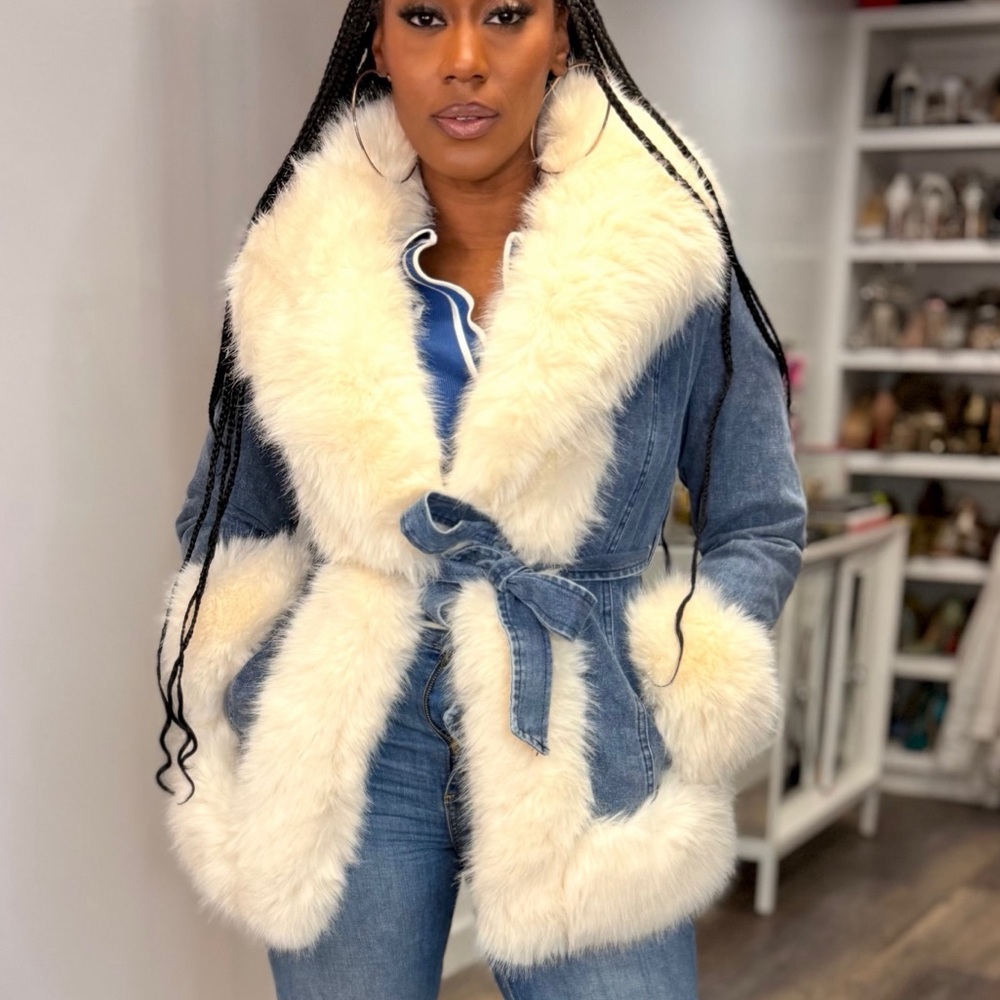 Women's Denim and Ivory Faux Fur Parka Jacket